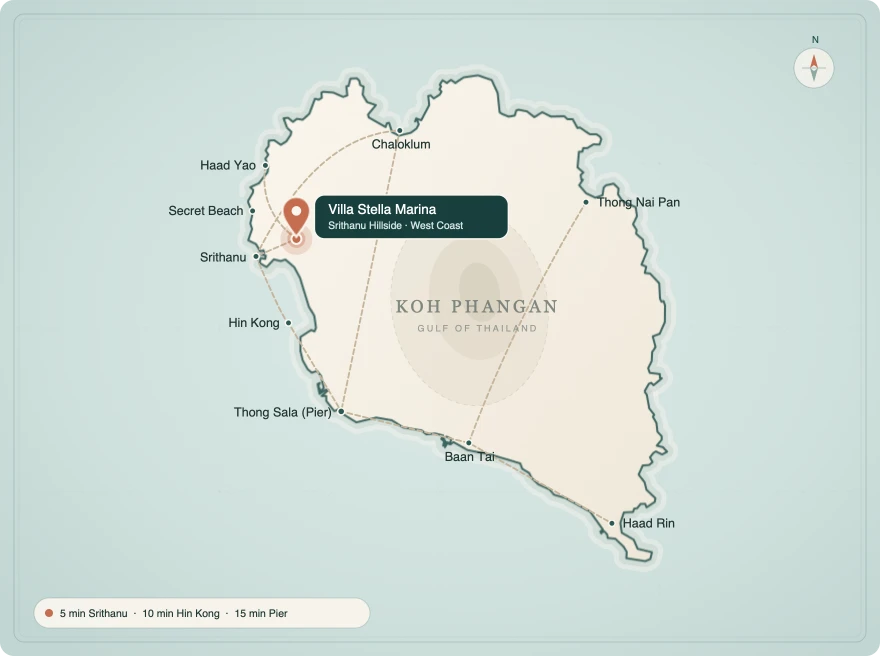 Map of Koh Phangan showing Villa Stella Marina on the Srithanu hillside